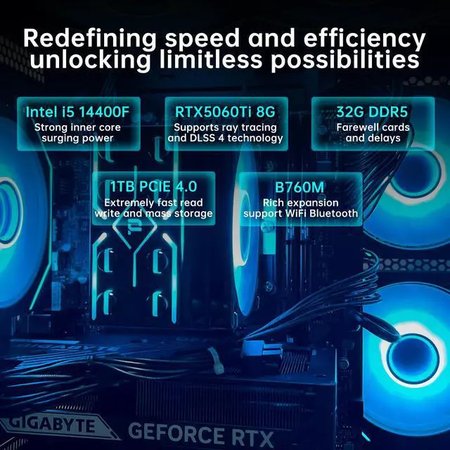 Alt view image 3 of 7 - AOACE Gaming PC Desktop INTEL Core i5 14400F, NVIDIA RTX 5060Ti 8G DLSS 4 , 32GB DDR5 RAM 6400MHz,1TB NVMe PCIe4.0, Wi-Fi6E, Game Design Office console,Sea View Room