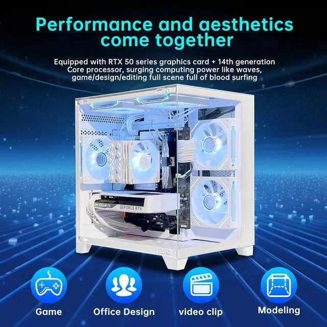 Alt view image 2 of 7 - AOACE Gaming PC Desktop INTEL Core i5 14400F 2.5 GHz, NVIDIA RTX 5060Ti 16G DLSS 4, 32GB DDR5 RAM 6400MHz,2TB NVMe PCIe4.0, Wi-Fi6E, white,Game Design Office console,Windows 11 Home 64-bit