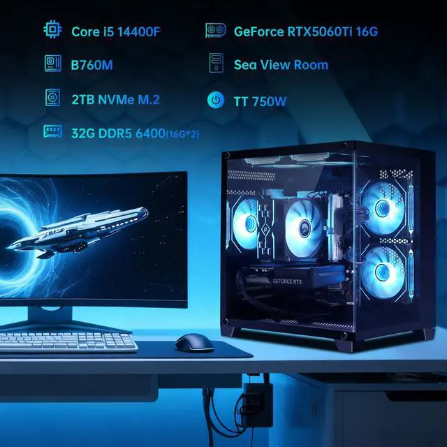 Alt view image 2 of 7 - AOACE Gaming PC Desktop INTEL Core i5 14400F, NVIDIA RTX 5060Ti 16G DLSS 4, 32GB DDR5 RAM 6400MHz,2TB NVMe PCIe4.0, Wi-Fi6E,black,Game Design Office console