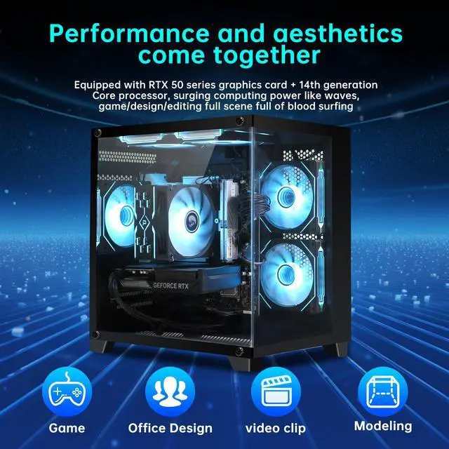Alt view image 3 of 7 - AOACE Gaming PC Desktop INTEL Core i5 14400F, NVIDIA RTX 5060Ti 16G DLSS 4, 32GB DDR5 RAM 6400MHz,2TB NVMe PCIe4.0, Wi-Fi6E,black,Game Design Office console