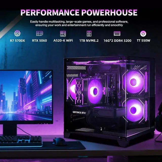 Alt view image 2 of 6 - AOACE Gaming PC Desktop AMD Ryzen 7 5700X,RTX 5060 8G  32GB RAM and 1TB NVMe M.2 SSD, WiFi6E, ARGB Fan, Game Design Office console,Sea View Room Windows 11