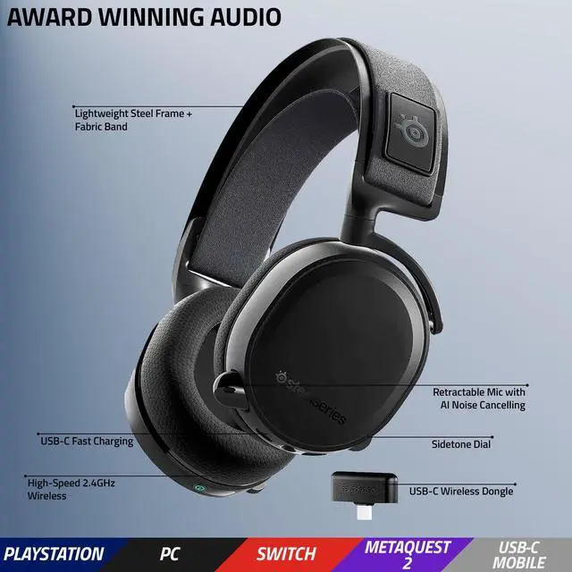 Alt view image 2 of 7 - SteelSeries Arctis 7+ Lossless Wireless Gaming Headset | 2.4GHz Wireless Via USB Dongle | USB-C | 7.1 Surround |for PC, PlayStation, PS5, PS4, Mac, Android, and Nintendo Switch Handheld | Black