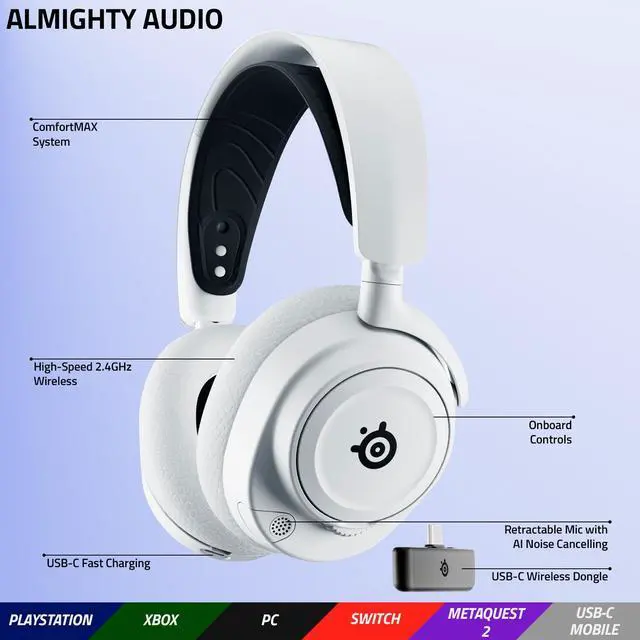 Alt view image 2 of 7 - SteelSeries Arctis Nova 7X | Multi-Platform Wireless Bluetooth Black Gaming Headset | ClearCast Gen 2 Mic For Xbox, PC, Mac, Nintendo Switch, PS4, PS5, VR, Occulus Quest 2 | White