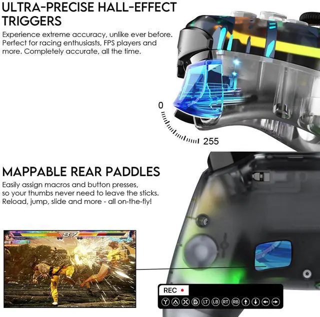 Alt view image 7 of 7 - NOVA PRO WGP14V2 CLEAR Wireless/Wired Game Controller, 4 Lighting Effects, 22 Buttons, Highly Sensitive Touchpad, Ultra-Precise Hall Effect, Support PC/Steam/Switch/PS4/Ps3/iOS/MacOs/Android, Blue