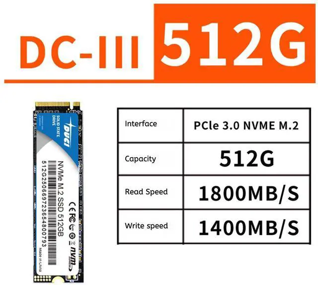 Alt view image 2 of 4 - DUCI 512GB NVME M.2 universal internal SSD Solid State, Notebook and PC laptop, PCIE3.0 interface, Speeds Up to 1800MB/s,for Gaming, Work