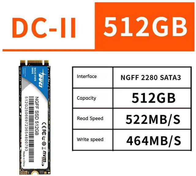 Alt view image 2 of 5 - DUCI universal internal SSD Solid State 512GB NGFF M.2, Notebook and PC laptop, SATA3.0 interface, Speeds Up to 485MB/s,for Gaming, Work