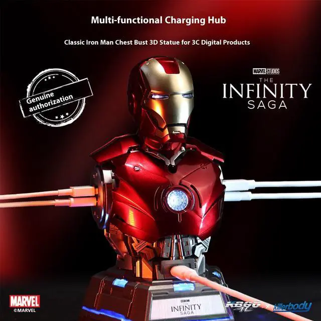Alt view image 3 of 6 - DUCI Killerbody Iron Man MK3 Bust Charging Station PD 65W Fast Charging, 2× USB-A Ports, 3× USB-C Ports, LED Ambient Lighting, Removable Chest Armor, INFINITY SAGA Mech Charger
