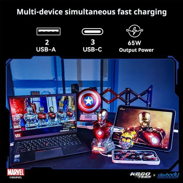 Alt view image 4 of 6 - DUCI Killerbody Iron Man MK3 Bust Charging Station PD 65W Fast Charging, 2× USB-A Ports, 3× USB-C Ports, LED Ambient Lighting, Removable Chest Armor, INFINITY SAGA Mech Charger