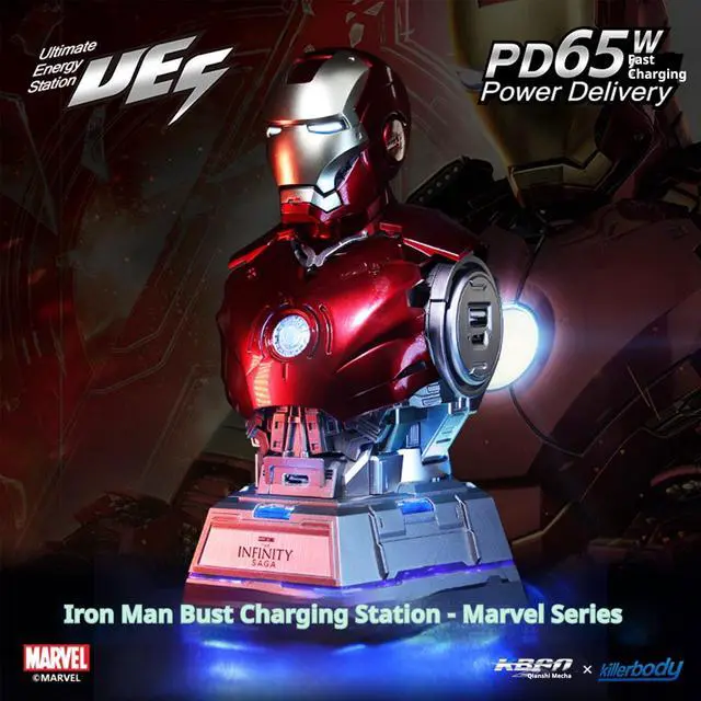 Alt view image 2 of 6 - DUCI Killerbody Iron Man MK3 Bust Charging Station PD 65W Fast Charging, 2× USB-A Ports, 3× USB-C Ports, LED Ambient Lighting, Removable Chest Armor, INFINITY SAGA Mech Charger