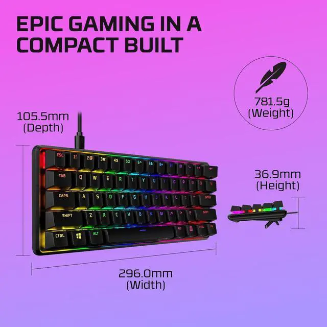 Alt view image 3 of 7 - HyperX Alloy Origins 60 Mechanical Gaming Keyboard (60-Key, Fire Linear Switches) - 60% Compact RGB Backlit, PBT Keycaps, Aircraft-Grade Aluminum, Detachable USB-C, NGENUITY Software Compatible