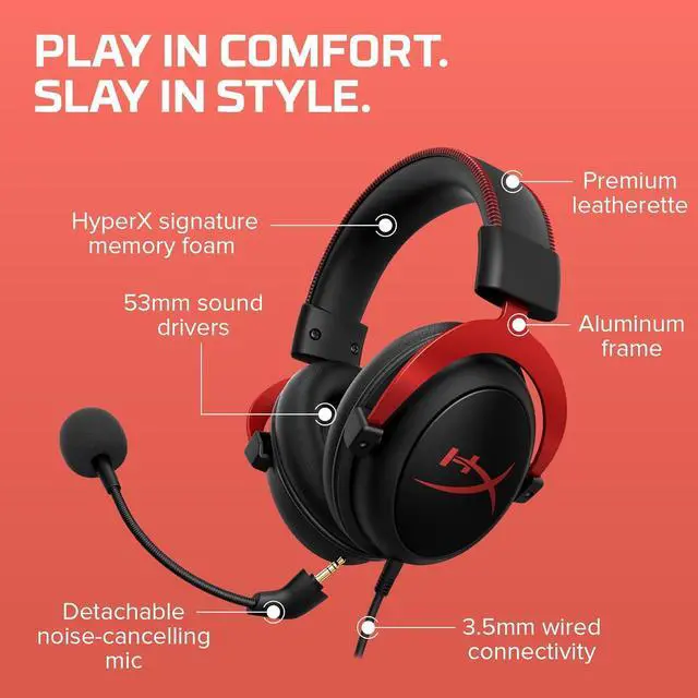 Alt view image 7 of 7 - HyperX Cloud II RD-Wired Gaming Headset, 7.1 Surround Sound, Memory Foam Ear Pads, Durable Aluminum Frame, Detachable Microphone, Works with PC, PS5, PS4, Xbox Series X|S, Xbox One  Black Red
