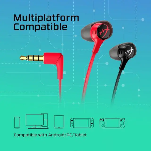 Alt view image 6 of 7 - HyperX Cloud Earbuds II  14mm Drivers, Four Eartips, Hard-Shell Carrying Case, Low-Profile 90° Plug, 3.5mm Plug, Built-in Microphone, Multi-Function Button, PC, Mobile, Nintendo Switch  Red