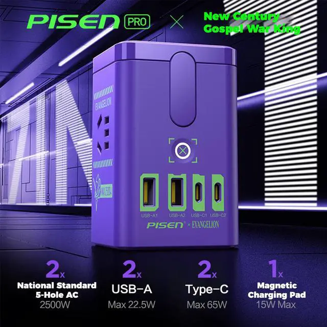 Alt view image 3 of 5 - PISEN EVA Shinji Ikari 65W GaN Magnetic Wireless Charging Socket, 8-in-1 Portable Fast Charging Station, Support iOS, Android, Windows, and macOS Devices, Purple