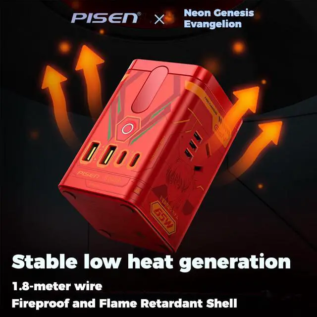 Alt view image 7 of 7 - PISEN EVA Asuka 65W GaN Magnetic Wireless Charging Socket, 8-in-1 Portable Fast Charging Station, Support iOS, Android, Windows, and macOS Devices, Red