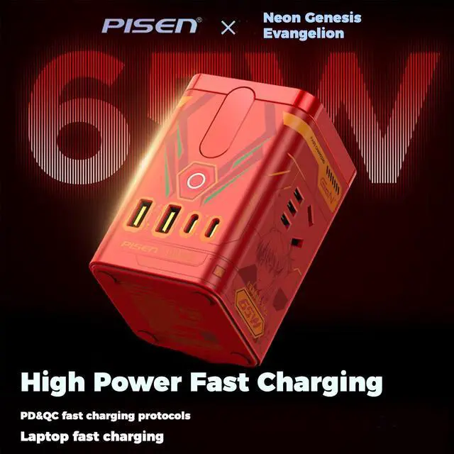 Alt view image 3 of 7 - PISEN EVA Asuka 65W GaN Magnetic Wireless Charging Socket, 8-in-1 Portable Fast Charging Station, Support iOS, Android, Windows, and macOS Devices, Red