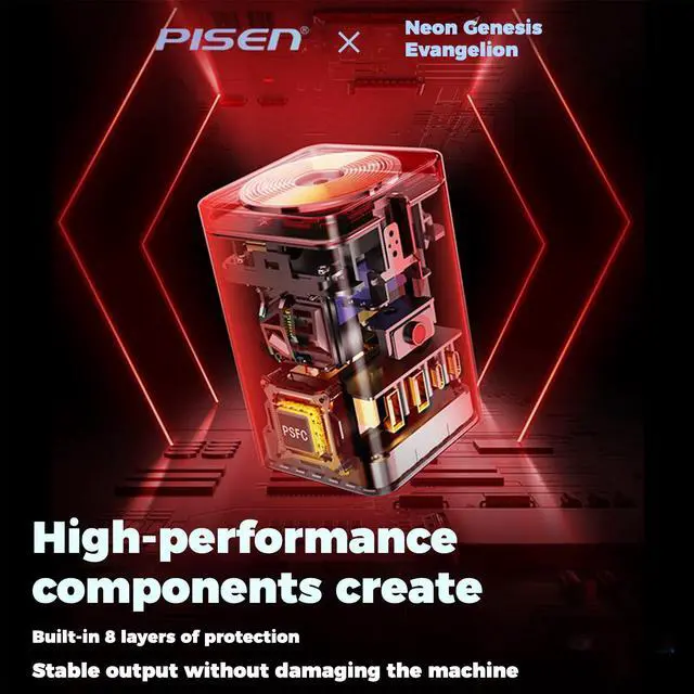 Alt view image 6 of 7 - PISEN EVA Asuka 65W GaN Magnetic Wireless Charging Socket, 8-in-1 Portable Fast Charging Station, Support iOS, Android, Windows, and macOS Devices, Red