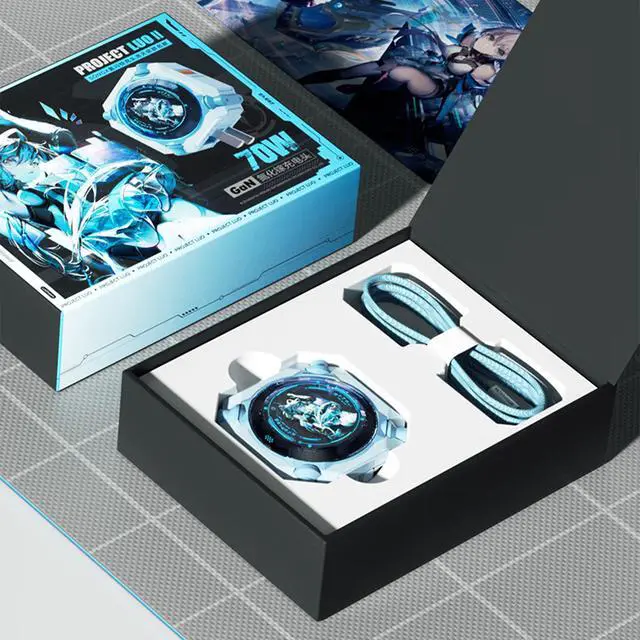 Alt view image 7 of 7 - SONGX Luo Tianyi 70W GaN Charger with 1m Type-C Cable, 3-Port Fast Charging (1xUSB, 2xType-C Ports), Compatible with iOS/Android/Windows/Handheld Consoles, Star Ring Lighting Surround, Mecha Charger