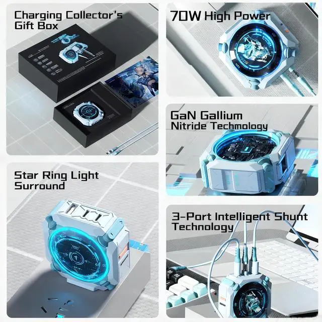 Alt view image 6 of 7 - SONGX Luo Tianyi 70W GaN Charger with 1m Type-C Cable, 3-Port Fast Charging (1xUSB, 2xType-C Ports), Compatible with iOS/Android/Windows/Handheld Consoles, Star Ring Lighting Surround, Mecha Charger