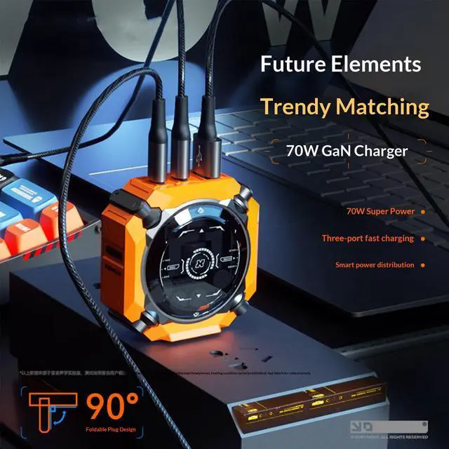 Alt view image 3 of 5 - SONGX GaN Charger, 3-Port Fast Charging (1xUSB, 2xType-C Ports), Compatible with iOS/Android/Windows/Handheld Consoles, Star Ring Lighting Surround, Mecha Charger, Yellow