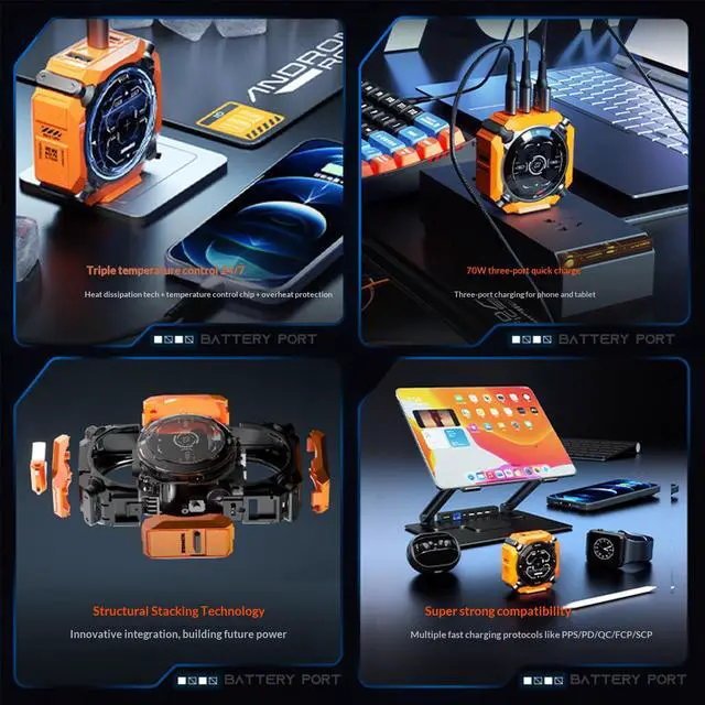 Alt view image 2 of 5 - SONGX GaN Charger, 3-Port Fast Charging (1xUSB, 2xType-C Ports), Compatible with iOS/Android/Windows/Handheld Consoles, Star Ring Lighting Surround, Mecha Charger, Yellow