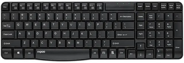Main image of RAPOO E1050 Wireless Keyboard, 104 keys, 7 drainage holes for splash resistance, 12-month battery life, 12 multimedia shortcut keys, Ideal for office use, Compatible with Windows ,Black