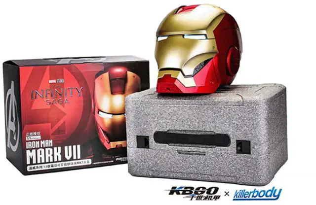 Alt view image 7 of 7 - DUCI Killerbody Iron Man MK7 Helmet Set, JARVIS voice control, Magnetic attachment and removable design for wearable helmet, Rechargeable multicolored light-up base, Red+Gold
