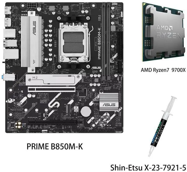 Main image of ASUS PRIME B850M-K Motherboard & AMD Ryzen 7 9700X CPU Combo, AMD B850 mATX motherboard, AM5, PCIe 5.0 Ready, two M.2 slots, Realtek 2.5Gb Ethernet, rear USB 10Gbps Type-A,