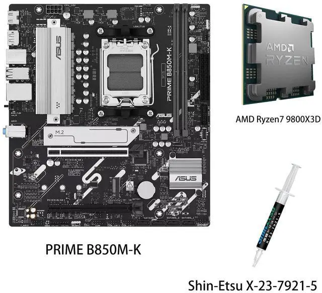 Main image of ASUS PRIME B850M-K Motherboard & AMD Ryzen7 9800X3D CPU Combo, AMD B850 mATX motherboard, AM5, PCIe 5.0 Ready, two M.2 slots, Realtek 2.5Gb Ethernet, rear USB 10Gbps Type-A