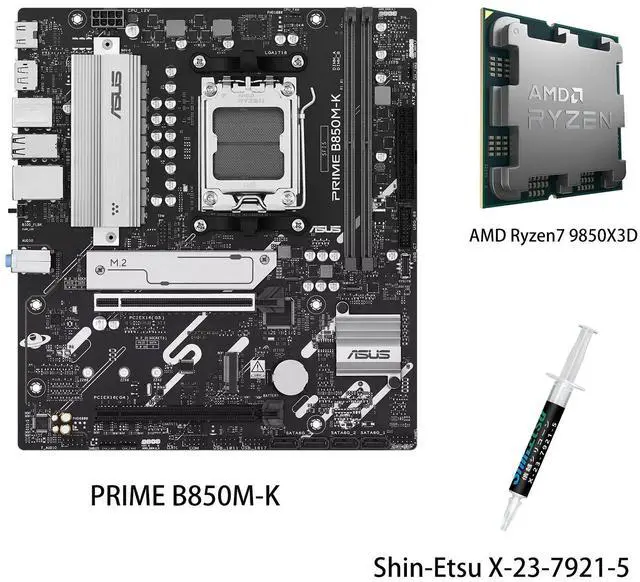 Main image of ASUS PRIME B850M-K Motherboard & AMD Ryzen7 9850X3D CPU Combo, AMD B850 mATX motherboard, AM5, PCIe 5.0 Ready, two M.2 slots, Realtek 2.5Gb Ethernet, rear USB 10Gbps Type-A, front USB 5Gbps Type-C