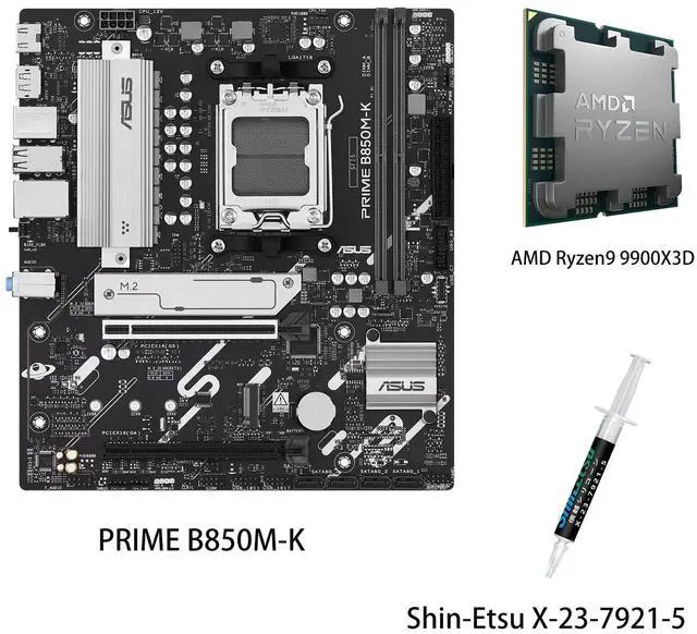 Main image of ASUS PRIME B850M-K Motherboard & AMD Ryzen 9 9900X3D CPU Combo, AMD B850 mATX motherboard, AM5, PCIe 5.0 Ready, two M.2 slots, Realtek 2.5Gb Ethernet, rear USB 10Gbps Type-A,