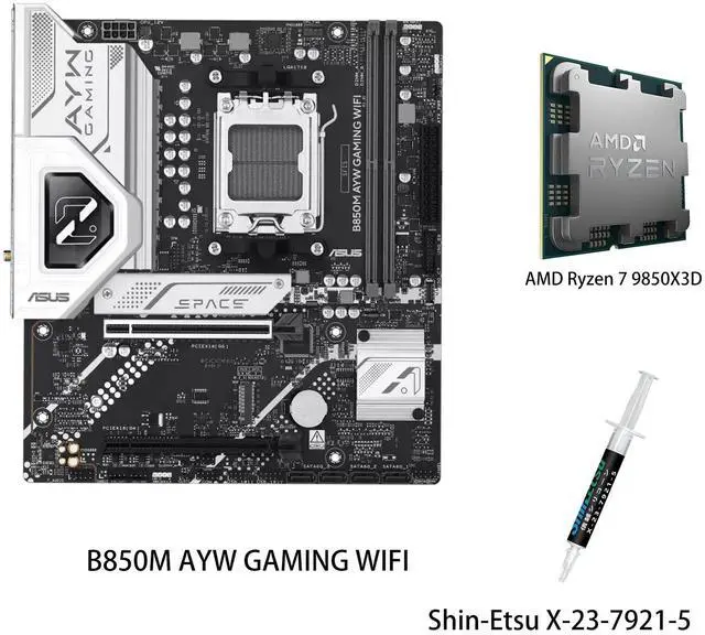 Main image of ASUS B850M AYW GAMING WIFI Motherboard & AMD Ryzen 7 9850X3D CPU Combo, AMD B850 micro-ATXmotherboard AM5, DDR5, PCle 5.0Ready, Wi-Fi 6,Realtek 2.5Gb Ethernet, HDMlrear USB 10Gbps Type-A