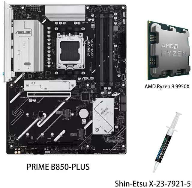 Main image of ASUS PRIME B850-PLUS Motherboard & AMD Ryzen 9 9950X CPU Combo, AMD B850 ATX motherboard AM5 DDR5, PCle 5.0 Ready, three M.2slots, Realtek 2.5Gb Ethernet,DisplayPort, rear USB10Gbps Type-A & Type-c