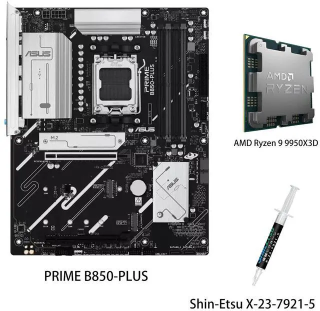 Main image of ASUS PRIME B850-PLUS Motherboard & AMD Ryzen 9 9950X3D CPU Combo, AMD B850 ATX motherboard AM5 DDR5, PCle 5.0 Ready, three M.2slots, Realtek 2.5Gb Ethernet,DisplayPort, rear USB10Gbps Type-A & Type-c