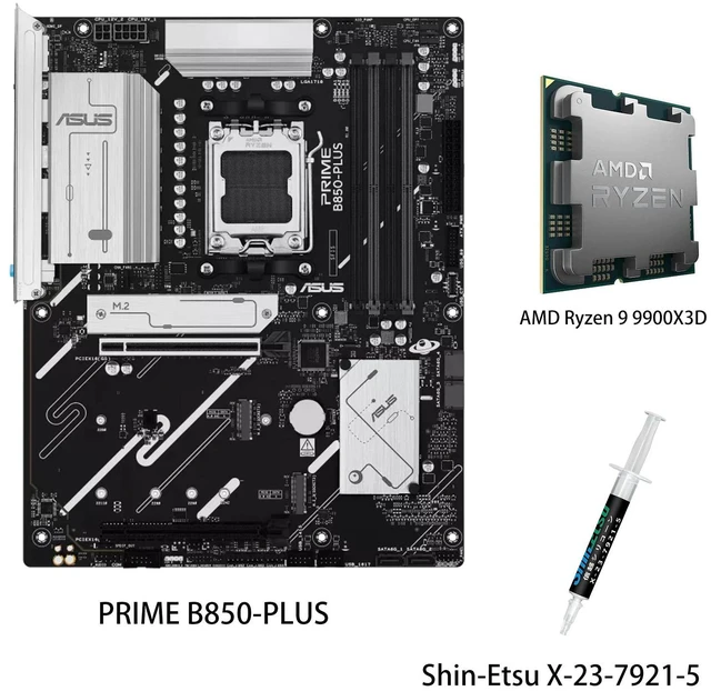 Main image of ASUS PRIME B850-PLUS Motherboard & AMD Ryzen 9 9900X3D CPU Combo, AMD B850 ATX motherboard AM5 DDR5, PCle 5.0 Ready, three M.2slots, Realtek 2.5Gb Ethernet,DisplayPort, rear USB10Gbps Type-A & Type-c