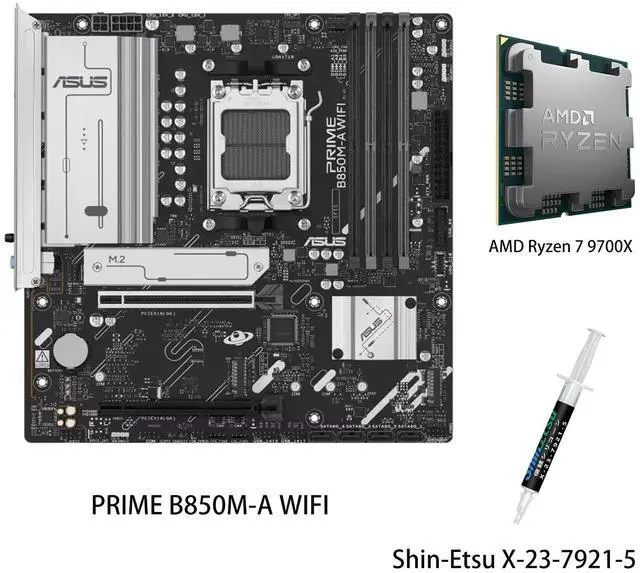Main image of ASUS PRIME B850M-A WIFI Motherboard & AMD Ryzen 7 9700X CPU Combo, AMD B850 (AM5 Socket) micro-ATX, PCIe 5.0 Ready,three M.2 slots,Wi-Fi 6E,Realtek 2.5Gb Ethernet,front USB 5Gbps Type-C support