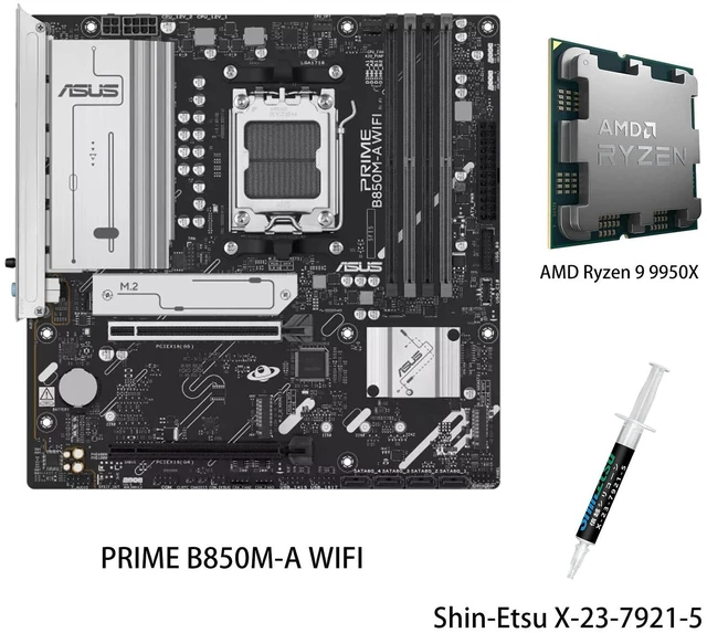 Main image of ASUS PRIME B850M-A WIFI Motherboard & AMD Ryzen 9 9950X CPU Combo, AMD B850 (AM5 Socket) micro-ATX, PCIe 5.0 Ready,three M.2 slots,Wi-Fi 6E,Realtek 2.5Gb Ethernet,front USB 5Gbps Type-C support