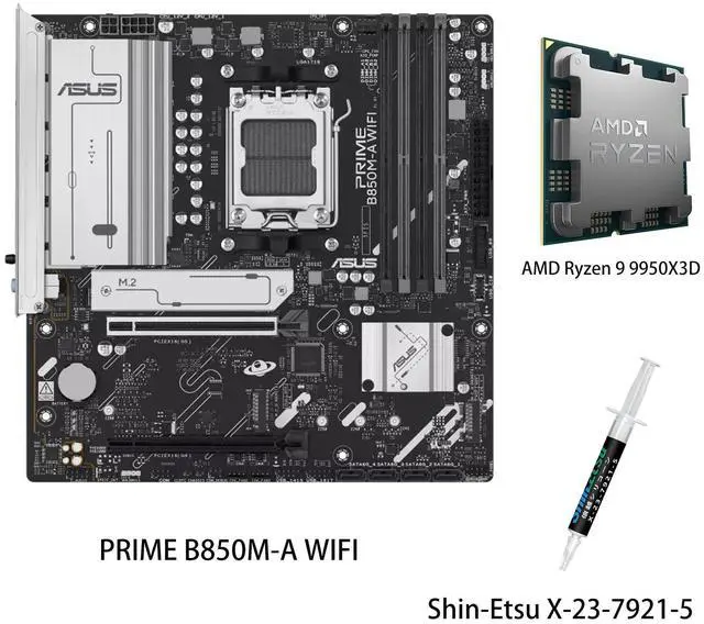 Main image of ASUS PRIME B850M-A WIFI Motherboard & AMD Ryzen 9 9950X3D CPU Combo, AMD B850 (AM5 Socket) micro-ATX, PCIe 5.0 Ready,three M.2 slots,Wi-Fi 6E,Realtek 2.5Gb Ethernet,front USB 5Gbps Type-C support