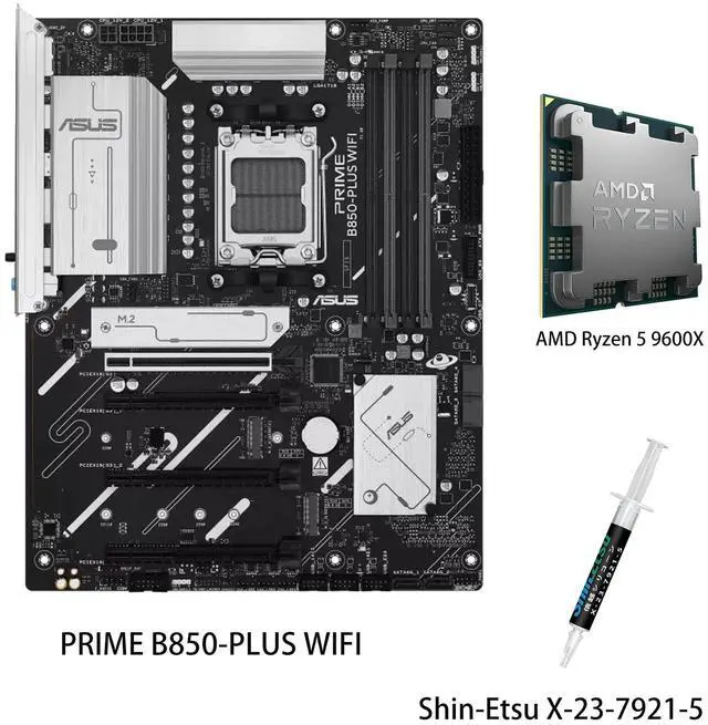 Main image of ASUS PRIME B850-PLUS WIFI Motherboard & AMD Ryzen 5 9600X CPU Combo, AMD B850 ATX motherboard AM5 DDR5, PCle 5.0 Ready, three M.2slots, Wi-Fi 6E, Realtek 2.5GbEthernet, BlOS FlashBack, AuraSync