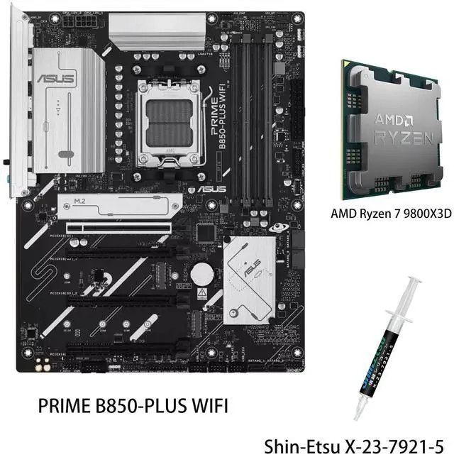 Main image of ASUS PRIME B850-PLUS WIFI Motherboard & AMD Ryzen 7 9800X3D CPU Combo, AMD B850 ATX motherboard AM5 DDR5, PCle 5.0 Ready, three M.2slots, Wi-Fi 6E, Realtek 2.5GbEthernet, BlOS FlashBack, AuraSync