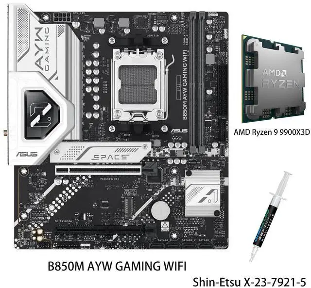 Main image of ASUS B850M AYW GAMING WIFI Motherboard & AMD Ryzen 9 9900X3D CPU Combo, AMD B850 micro-ATXmotherboard AM5, DDR5, PCle 5.0Ready, Wi-Fi 6,Realtek 2.5Gb Ethernet, HDMlrear USB 10Gbps Type-A