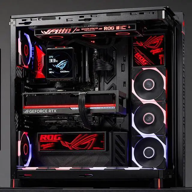 Alt view image 3 of 6 - ASUS ROG Cronox GR801 standard mid-tower case, Featuring a brushed aluminum frame, Support for E-ATX and BTF motherboards, Compatibility with up to 14 120mm fans, 10 preset lighting effects, Black