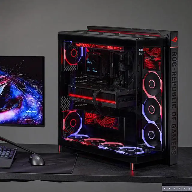 Alt view image 4 of 6 - ASUS ROG Cronox GR801 standard mid-tower case, Featuring a brushed aluminum frame, Support for E-ATX and BTF motherboards, Compatibility with up to 14 120mm fans, 10 preset lighting effects, Black
