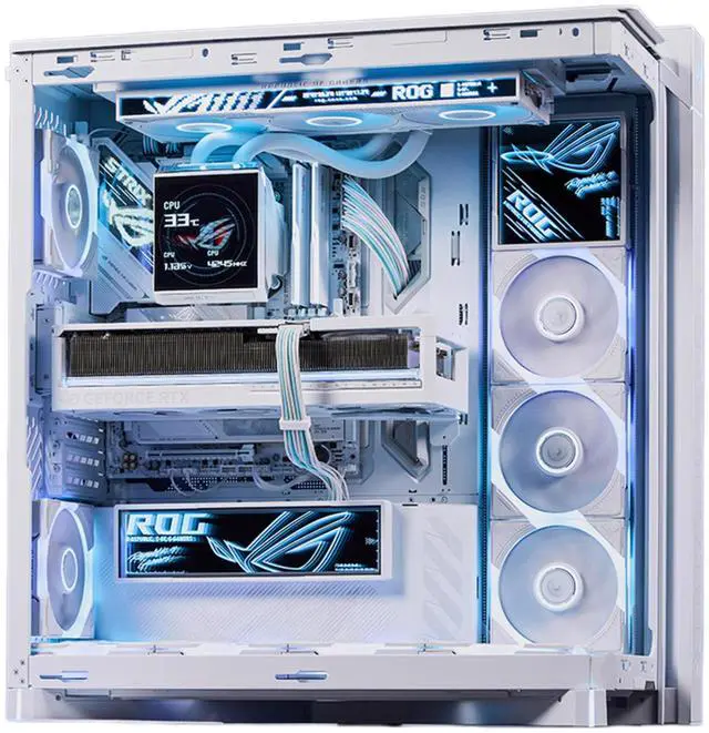 Main image of ASUS ROG Cronox GR801 standard mid-tower case, Featuring a brushed aluminum frame, Support for E-ATX and BTF motherboards, Compatibility with up to 14 120mm fans, 10 preset lighting effects, White