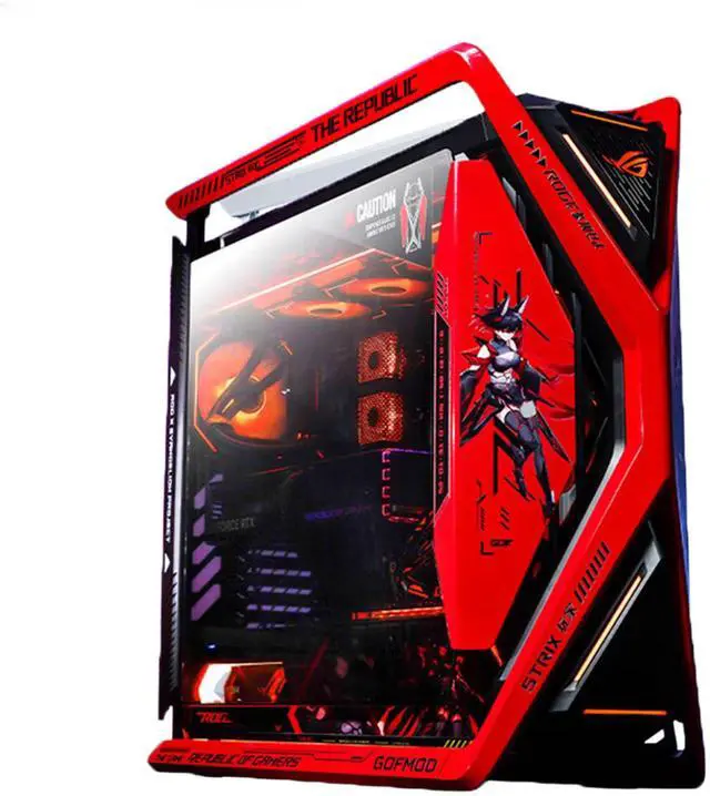 Main image of ASUS ROG GR701 RO Ji Custom Full-Tower Case, upports ATX and EATX motherboards, Features an aluminum alloy X-shaped frame, 4 140 mm fans, Supports AURA SYNC lighting effects, Red