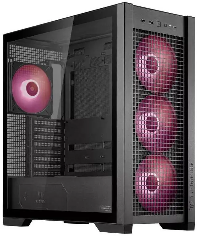 Main image of ASUS TUF GAMING GT302 ARGB Mid-Tower Case, Equipped with 4 140 x 28 mm ARGB fans, Supports BTF 2.0 rear-mounted motherboards, Features two USB-A and USB Type-C ports, Black