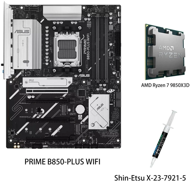 Main image of ASUS PRIME B850-PLUS WIFI Motherboard & AMD Ryzen 7 9850X3D CPU Combo, AMD B850 ATX motherboard AM5 DDR5, PCle 5.0 Ready, three M.2slots, Wi-Fi 6E, Realtek 2.5GbEthernet, BlOS FlashBack, AuraSync