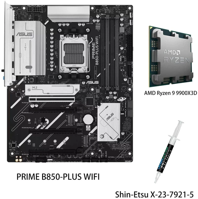 Main image of ASUS PRIME B850-PLUS WIFI Motherboard & AMD Ryzen 9 9900X3D CPU Combo, AMD B850 ATX motherboard AM5 DDR5, PCle 5.0 Ready, three M.2slots, Wi-Fi 6E, Realtek 2.5GbEthernet, BlOS FlashBack, AuraSync