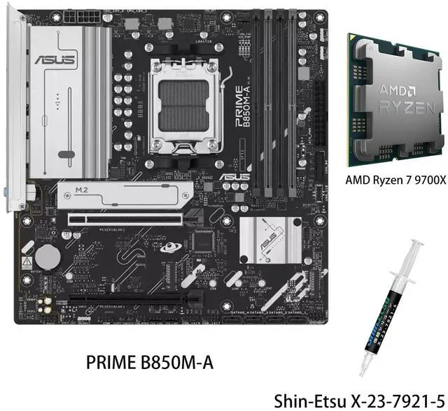 Main image of ASUS PRIME B850M-A Motherboard & AMD Ryzen7 9700X CPU Combo, AMD B850 (AM5 Socket) micro-ATX,5PCIe 5.0 Ready,three M.2 slots,Realtek 2.5Gb Ethernet,dual DisplayPort,front USB 5Gbps Type-C support