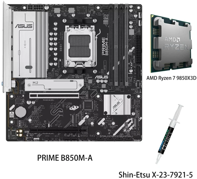 Main image of ASUS PRIME B850M-A Motherboard & AMD Ryzen7 9850X3D CPU Combo, AMD B850 (AM5 Socket) micro-ATX,5PCIe 5.0 Ready,three M.2 slots,Realtek 2.5Gb Ethernet,dual DisplayPort,front USB 5Gbps Type-C support