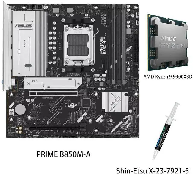 Main image of ASUS PRIME B850M-A Motherboard & AMD Ryzen9 9900X3D CPU Combo, AMD B850 (AM5 Socket) micro-ATX,5PCIe 5.0 Ready,three M.2 slots,Realtek 2.5Gb Ethernet,dual DisplayPort,front USB 5Gbps Type-C support